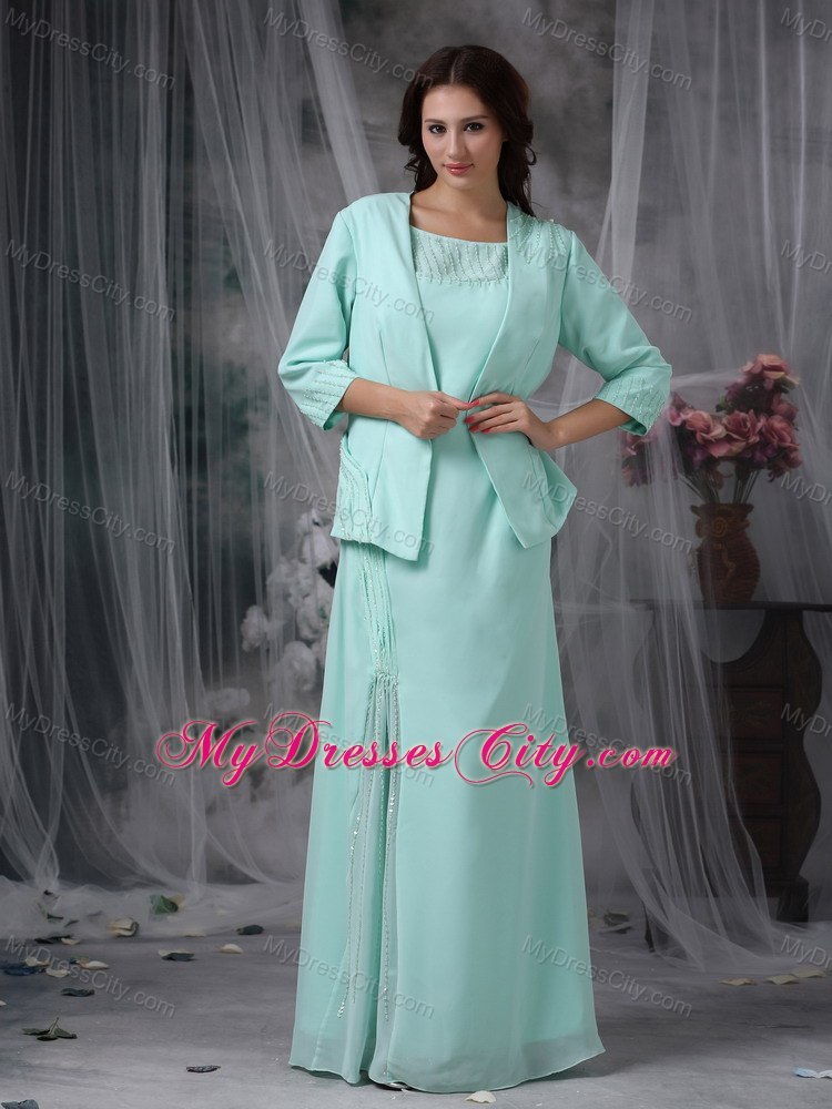 Apple Green Column Scoop Floor-length Chiffon Beaded Mother Of The Bride Dress with Coat