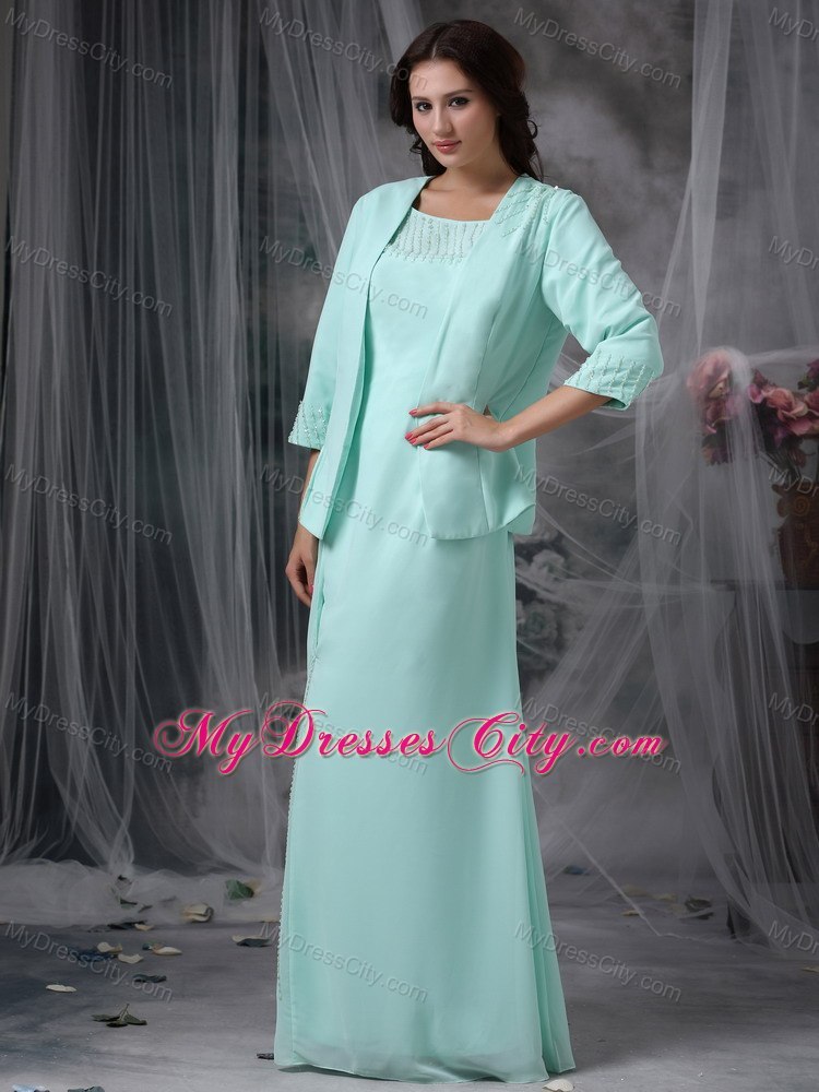 Apple Green Column Scoop Floor-length Chiffon Beaded Mother Of The Bride Dress with Coat