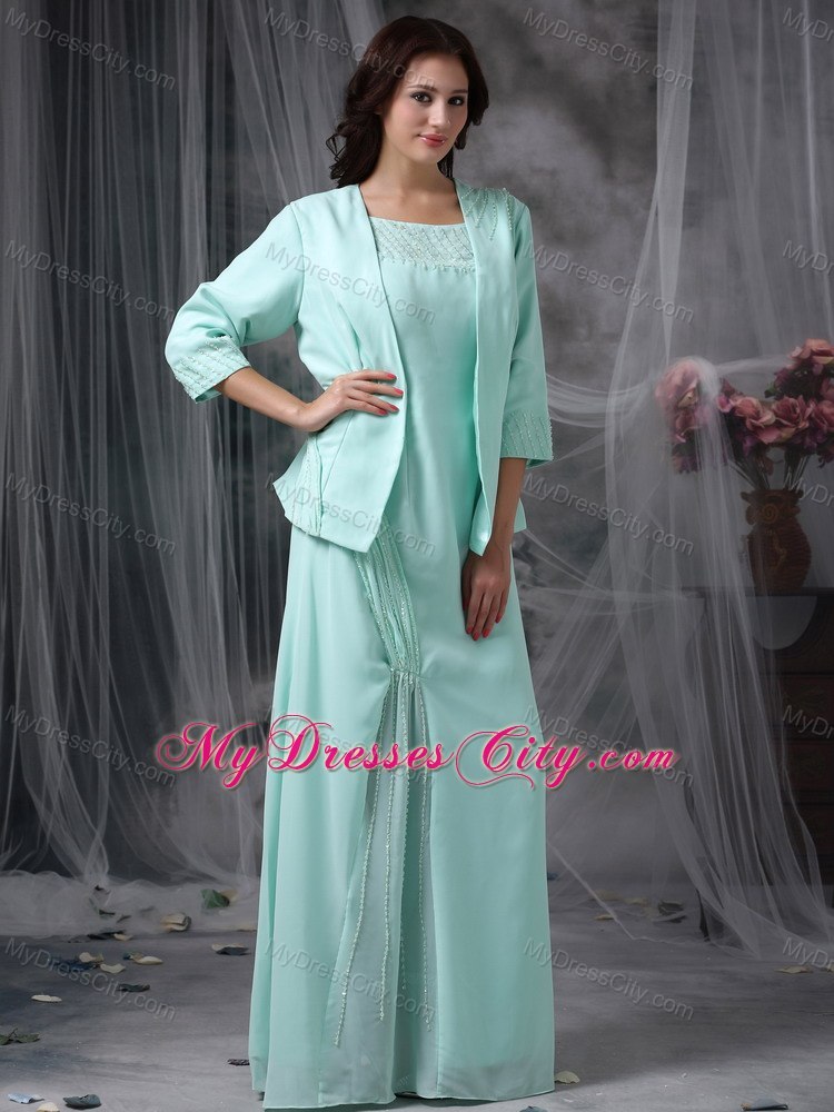 Apple Green Column Scoop Floor-length Chiffon Beaded Mother Of The Bride Dress with Coat