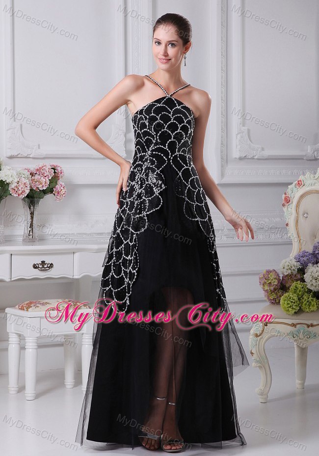 Spaghetti Straps Black V-neck Beaded Tulle Mother Of The Bride Dress with Embroidery