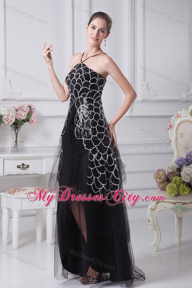 Spaghetti Straps Black V-neck Beaded Tulle Mother Of The Bride Dress with Embroidery