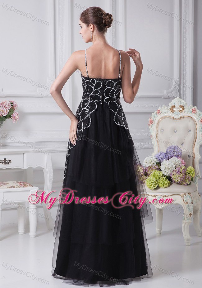 Spaghetti Straps Black V-neck Beaded Tulle Mother Of The Bride Dress with Embroidery