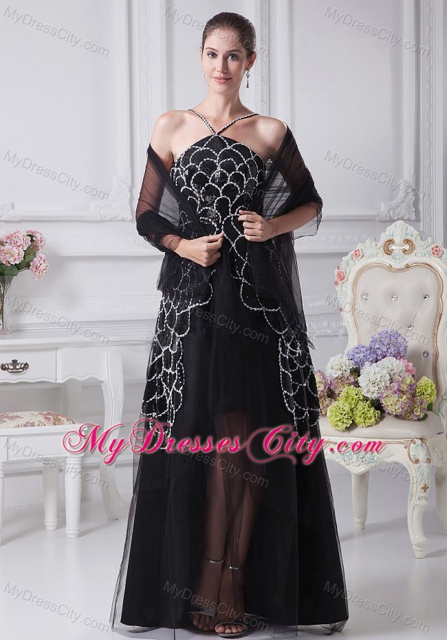 Spaghetti Straps Black V-neck Beaded Tulle Mother Of The Bride Dress with Embroidery