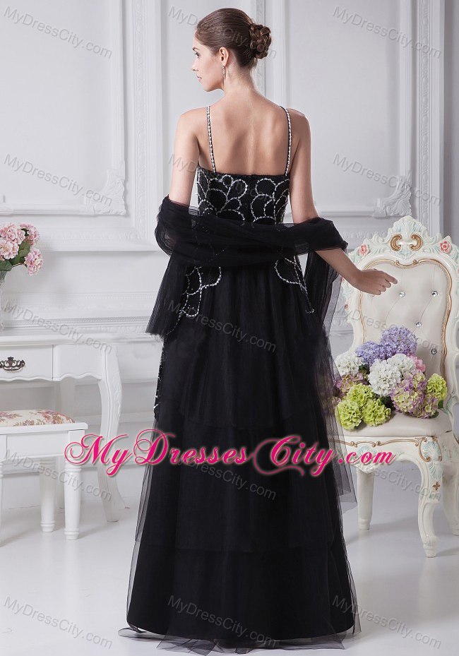 Spaghetti Straps Black V-neck Beaded Tulle Mother Of The Bride Dress with Embroidery