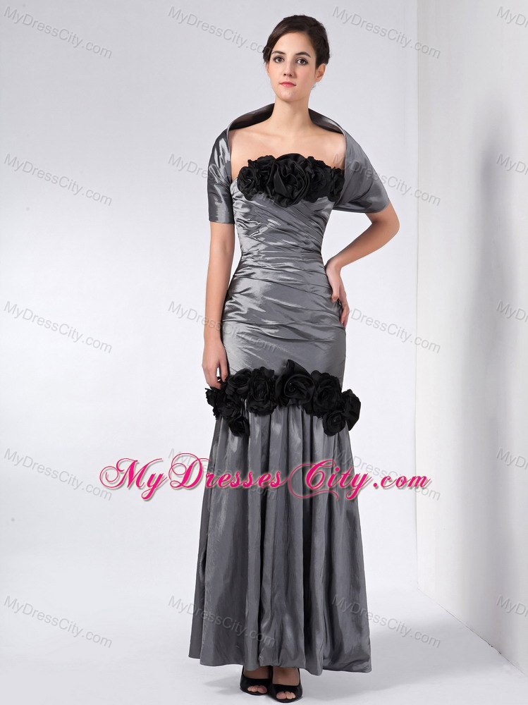 Grey Column Strapless Ankle-length Taffeta Hand Made Flowers Mother Dress with Shawl