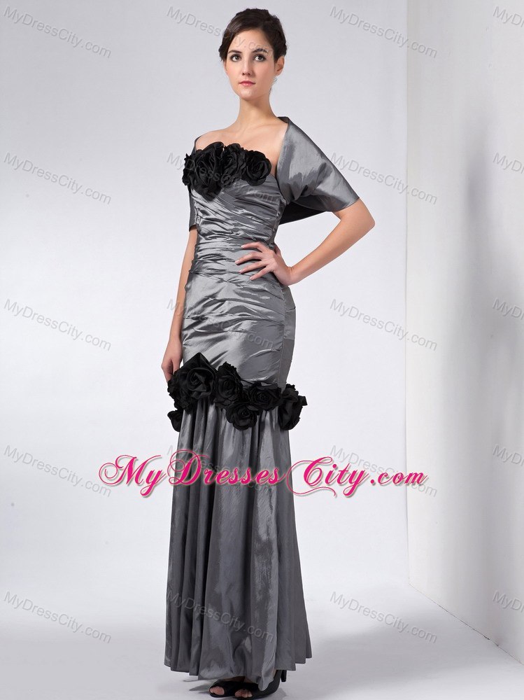 Grey Column Strapless Ankle-length Taffeta Hand Made Flowers Mother Dress with Shawl