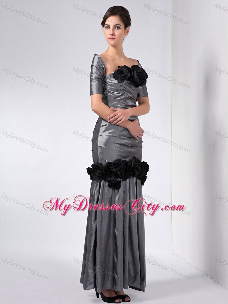 Grey Column Strapless Ankle-length Taffeta Hand Made Flowers Mother Dress with Shawl