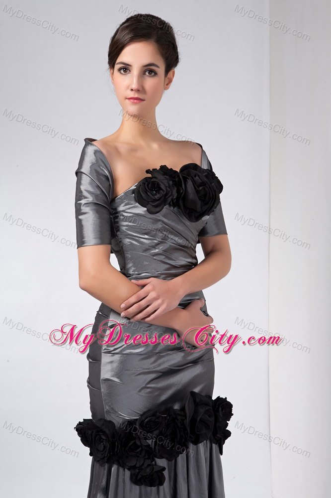 Grey Column Strapless Ankle-length Taffeta Hand Made Flowers Mother Dress with Shawl