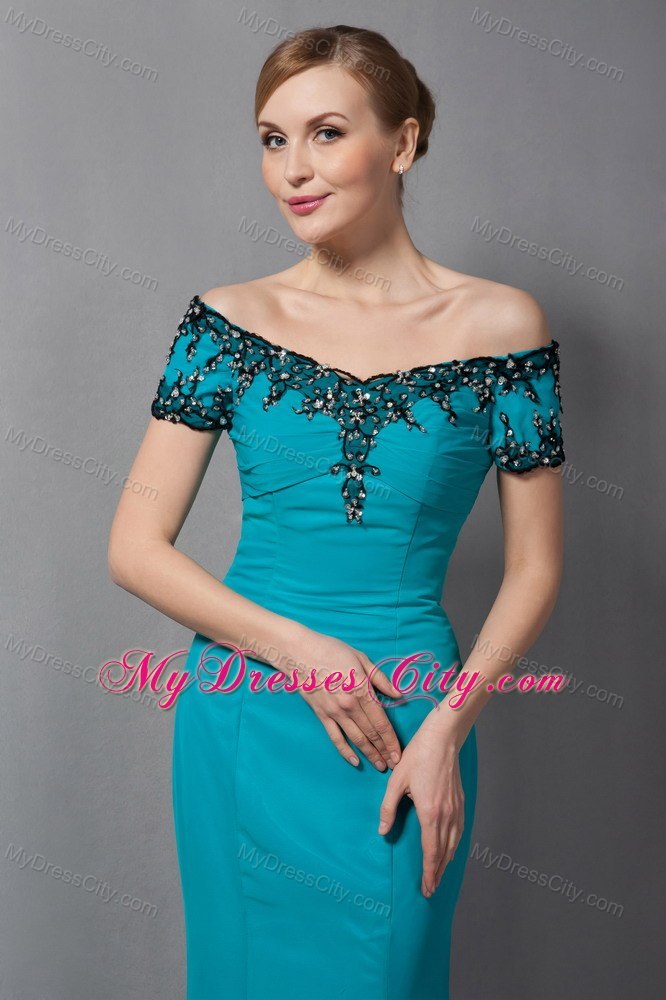 Teal Mermaid Off The Shoulder Floor-length Chiffon Mother Of The Bride Dress with Appliques