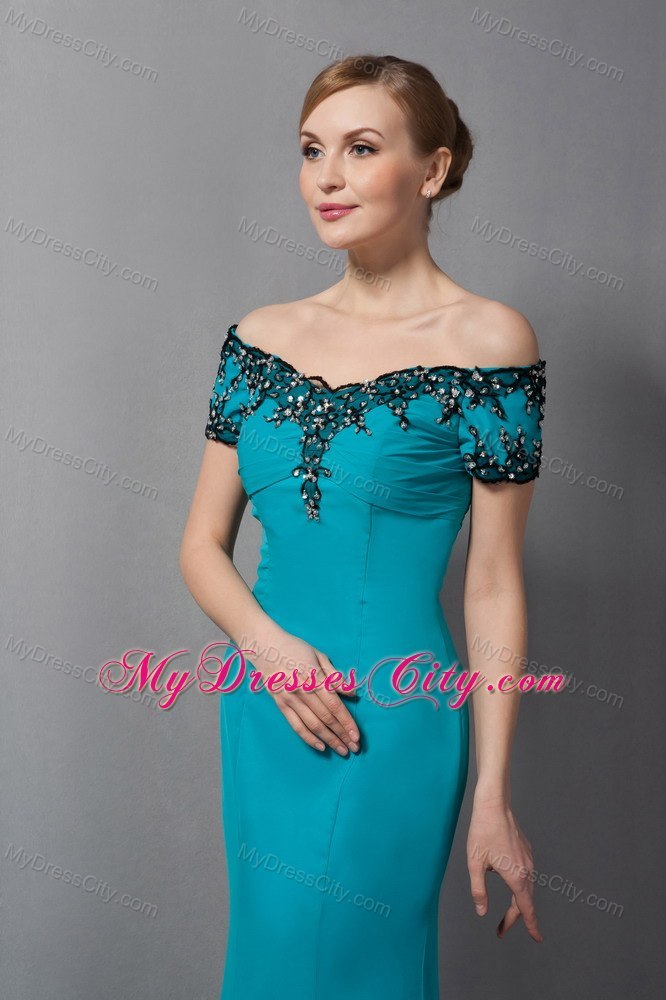 Teal Mermaid Off The Shoulder Floor-length Chiffon Mother Of The Bride Dress with Appliques