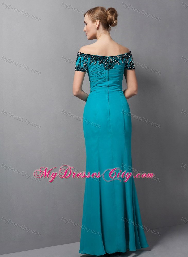 Teal Mermaid Off The Shoulder Floor-length Chiffon Mother Of The Bride Dress with Appliques