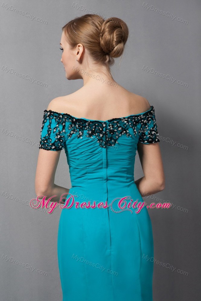 Teal Mermaid Off The Shoulder Floor-length Chiffon Mother Of The Bride Dress with Appliques