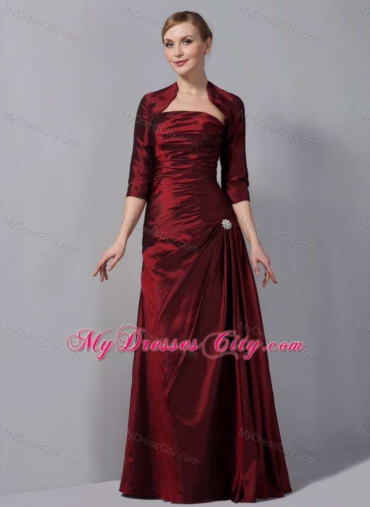 Wine Red Column Strapless Floor-length Taffeta Ruche Decorate Mother Dress with Jacket