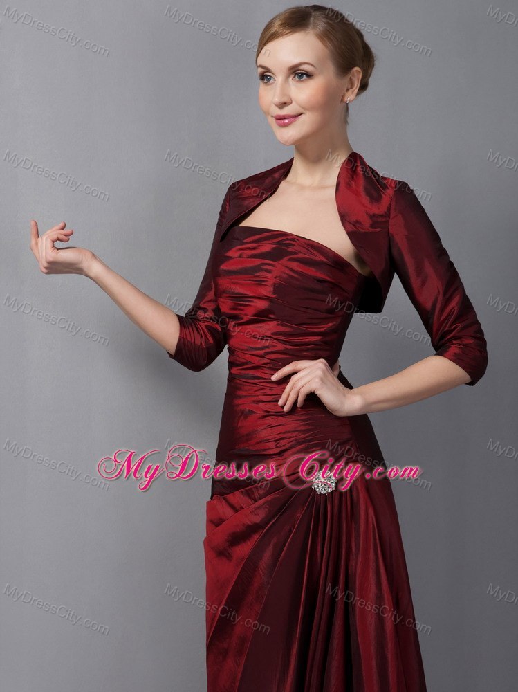 Wine Red Column Strapless Floor-length Taffeta Ruche Decorate Mother Dress with Jacket