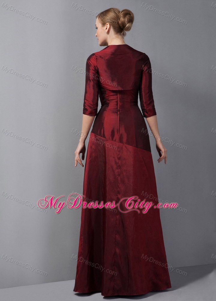 Wine Red Column Strapless Floor-length Taffeta Ruche Decorate Mother Dress with Jacket