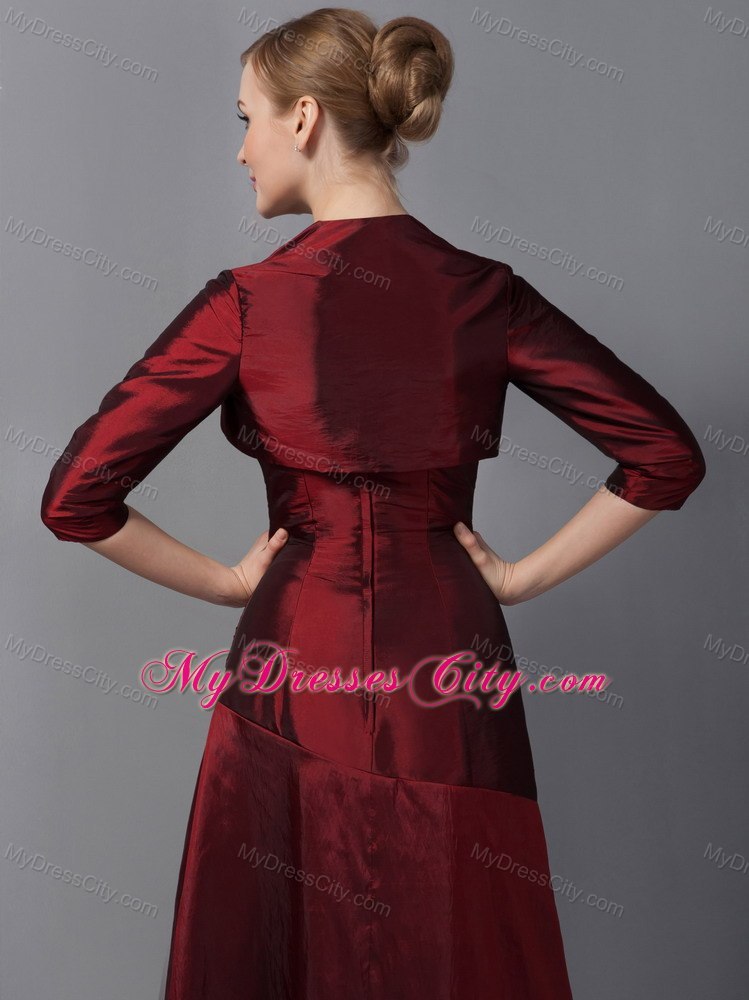 Wine Red Column Strapless Floor-length Taffeta Ruche Decorate Mother Dress with Jacket