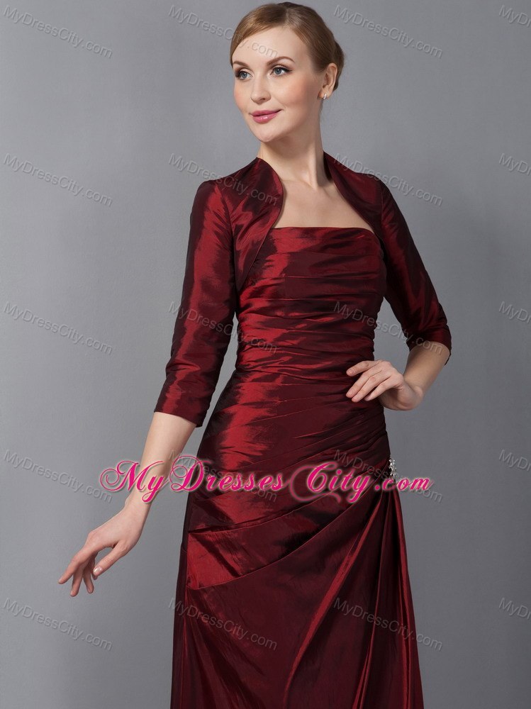 Wine Red Column Strapless Floor-length Taffeta Ruche Decorate Mother Dress with Jacket