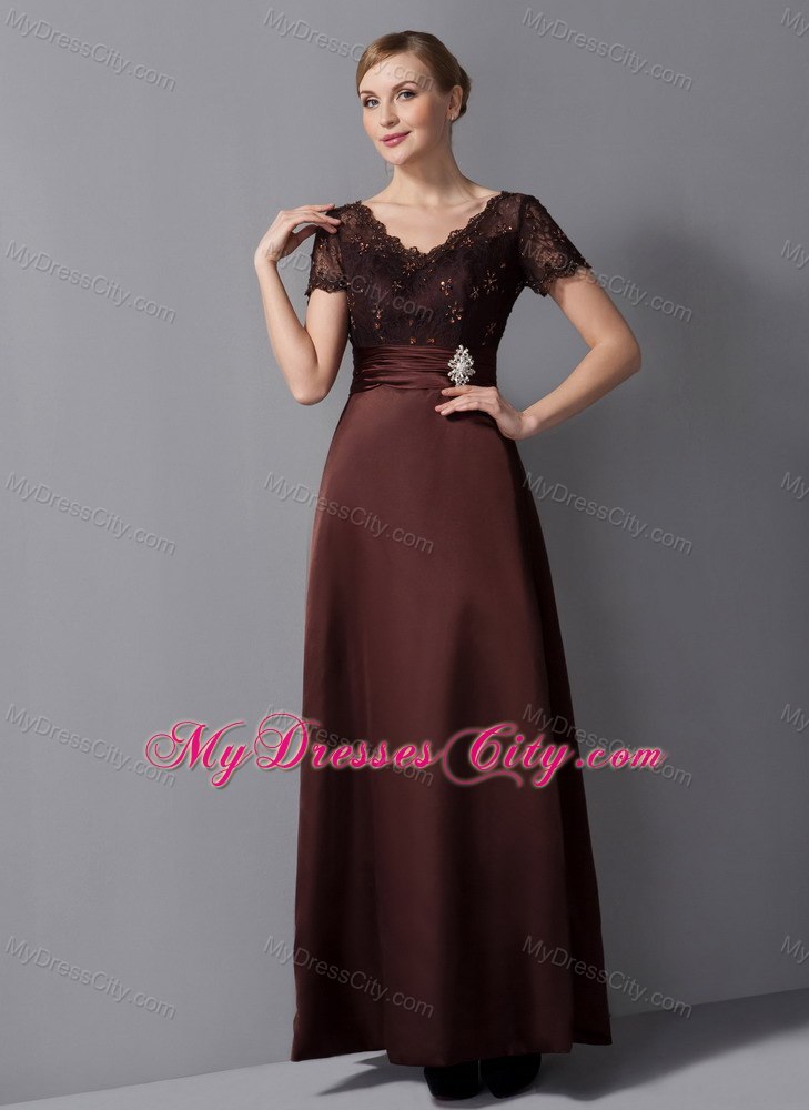 Burgundy Column V-neck Ankle-length Mother Of The Bride Dress with Beading and Diamond