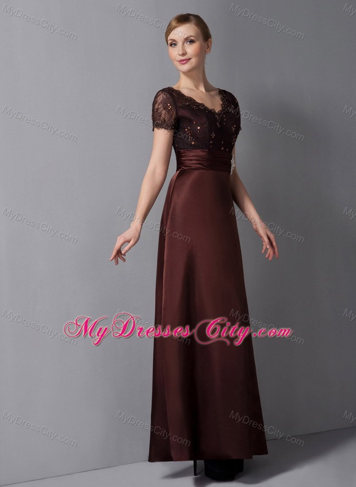 Burgundy Column V-neck Ankle-length Mother Of The Bride Dress with Beading and Diamond