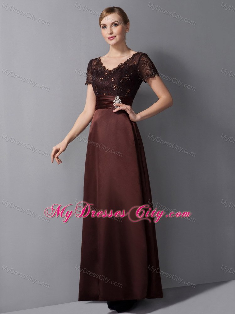 Burgundy Column V-neck Ankle-length Mother Of The Bride Dress with Beading and Diamond