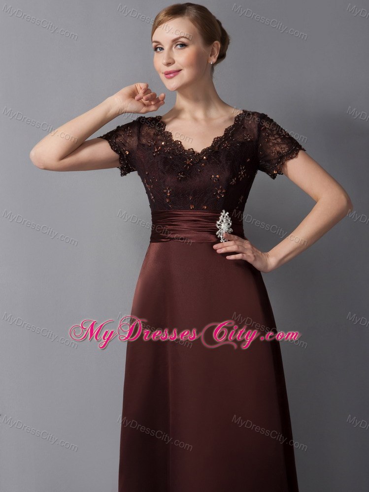 Burgundy Column V-neck Ankle-length Mother Of The Bride Dress with Beading and Diamond