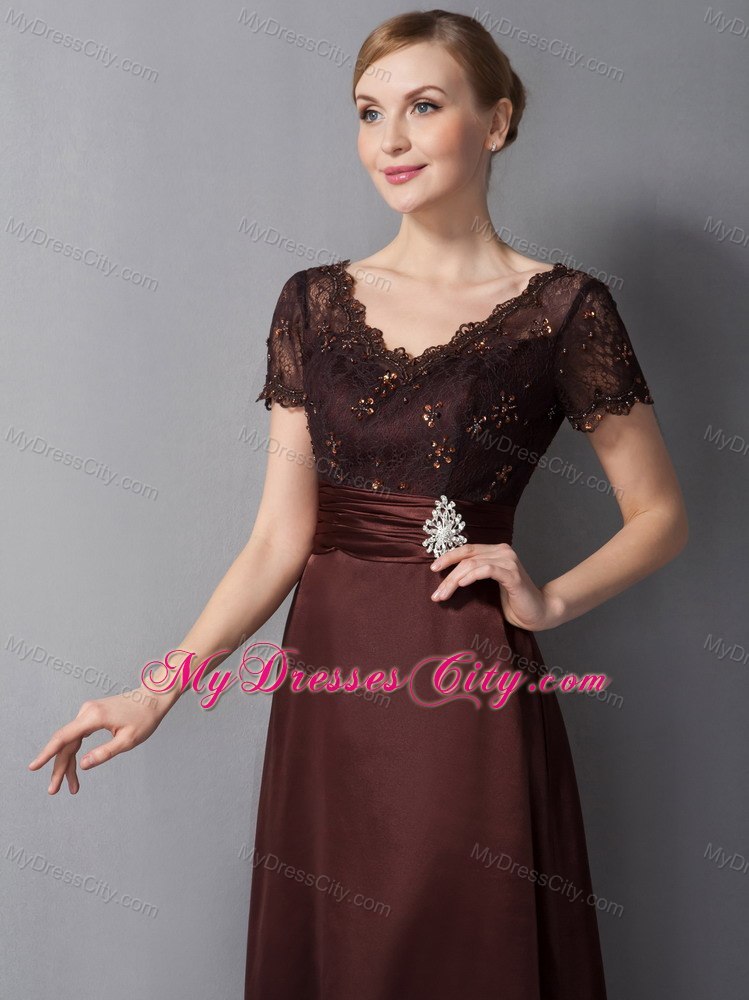 Burgundy Column V-neck Ankle-length Mother Of The Bride Dress with Beading and Diamond