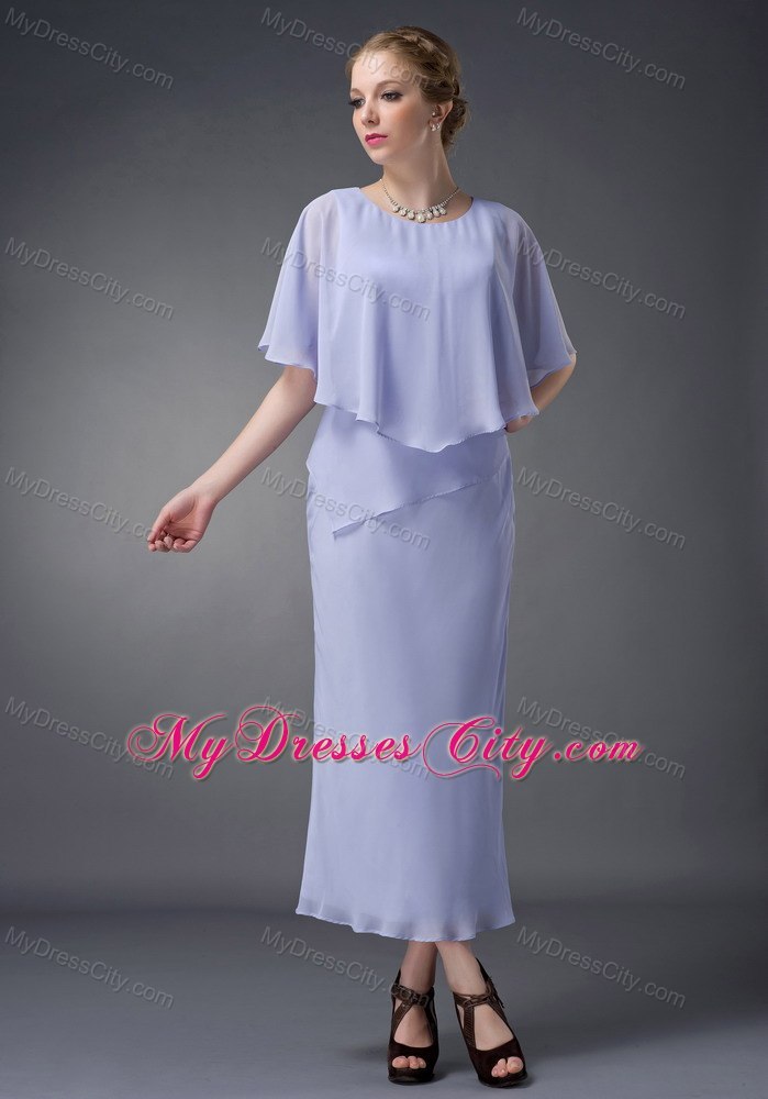 Lilac Column Scoop Neck Ankle-length Chiffon Wedding Guest Dress with Butterfly Sleeves