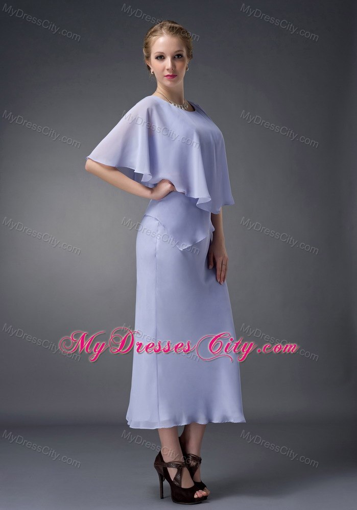 Lilac Column Scoop Neck Ankle-length Chiffon Wedding Guest Dress with Butterfly Sleeves