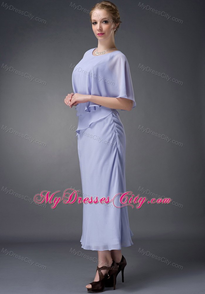 Lilac Column Scoop Neck Ankle-length Chiffon Wedding Guest Dress with Butterfly Sleeves