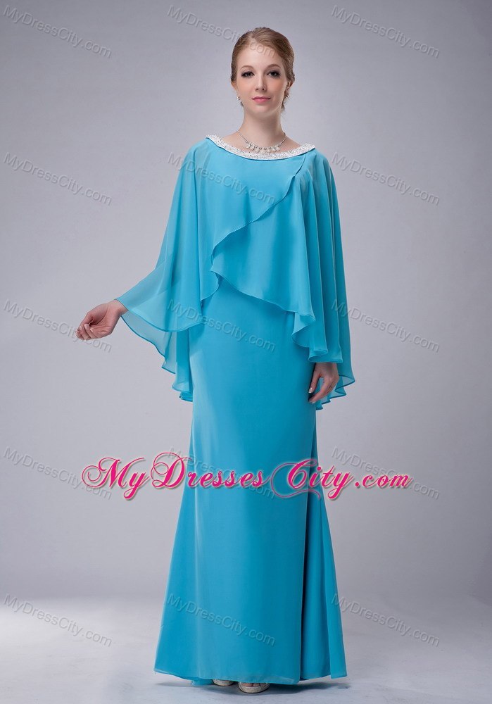 Aqua Blue Column Scoop Butterfly Sleeves Mother Of The Bride Dress with Beaded Hem