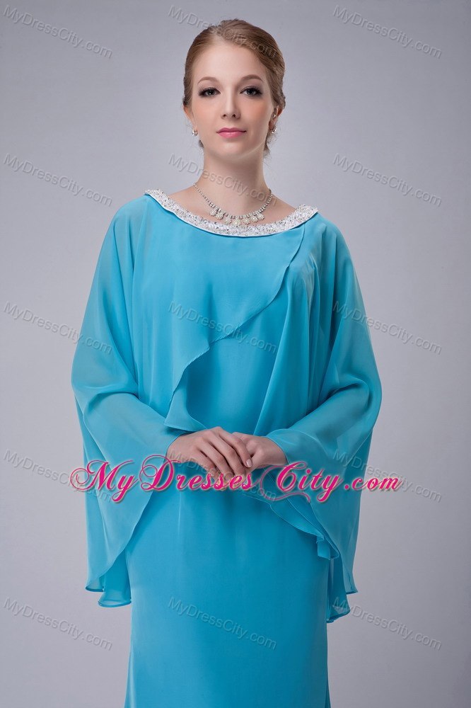 Aqua Blue Column Scoop Butterfly Sleeves Mother Of The Bride Dress with Beaded Hem