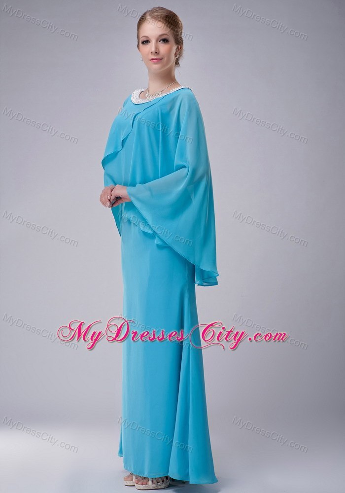 Aqua Blue Column Scoop Butterfly Sleeves Mother Of The Bride Dress with Beaded Hem