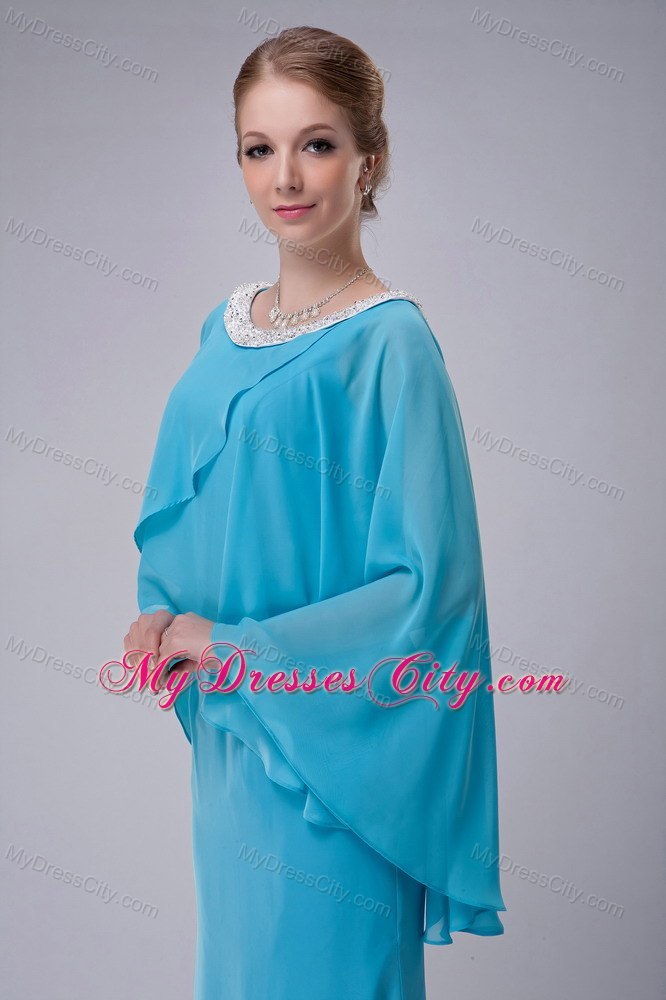 Aqua Blue Column Scoop Butterfly Sleeves Mother Of The Bride Dress with Beaded Hem