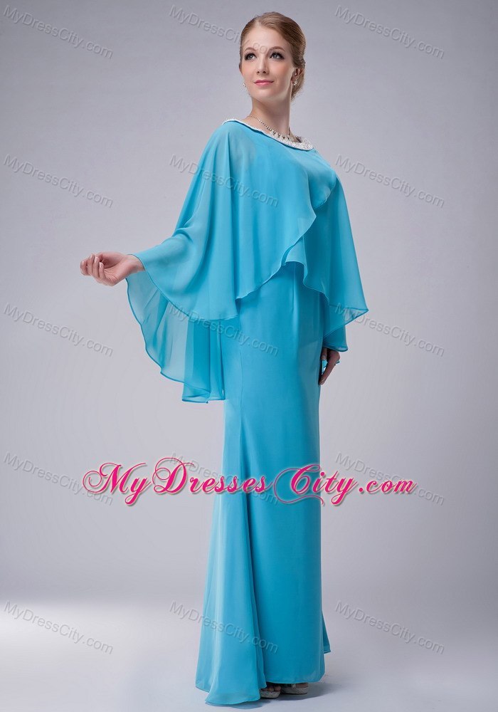 Aqua Blue Column Scoop Butterfly Sleeves Mother Of The Bride Dress with Beaded Hem