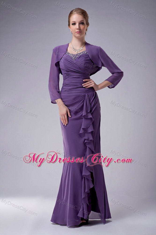 Purple Straps Floor-length Chiffon Ruched and Beaded Mothers Dresses with Jacket