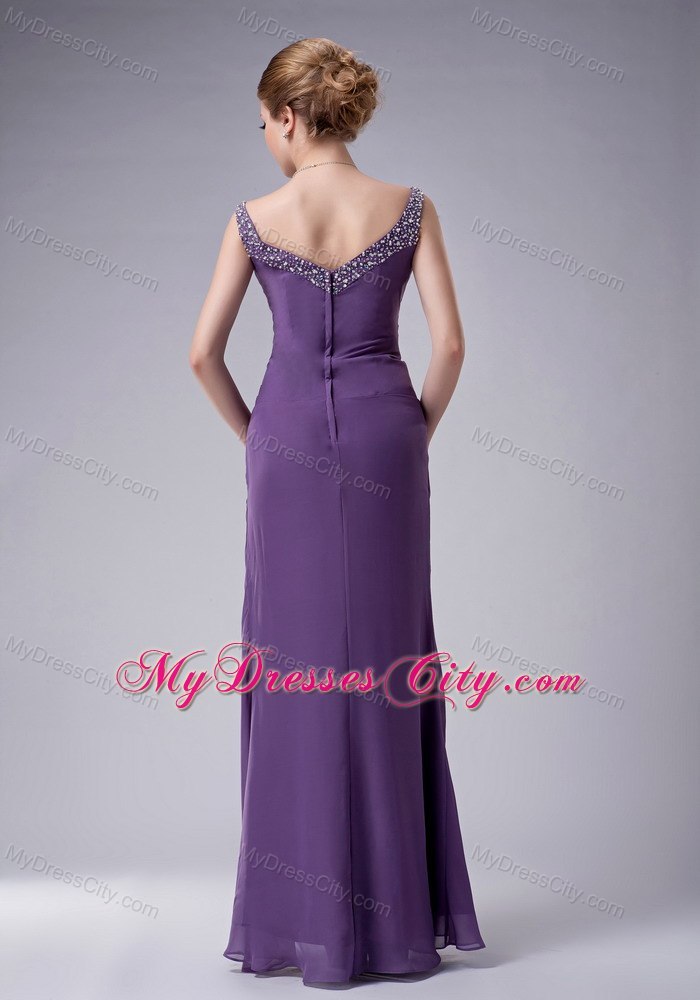 Purple Straps Floor-length Chiffon Ruched and Beaded Mothers Dresses with Jacket