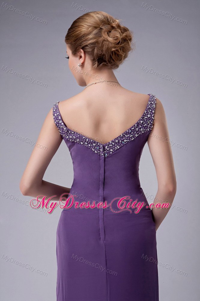 Purple Straps Floor-length Chiffon Ruched and Beaded Mothers Dresses with Jacket