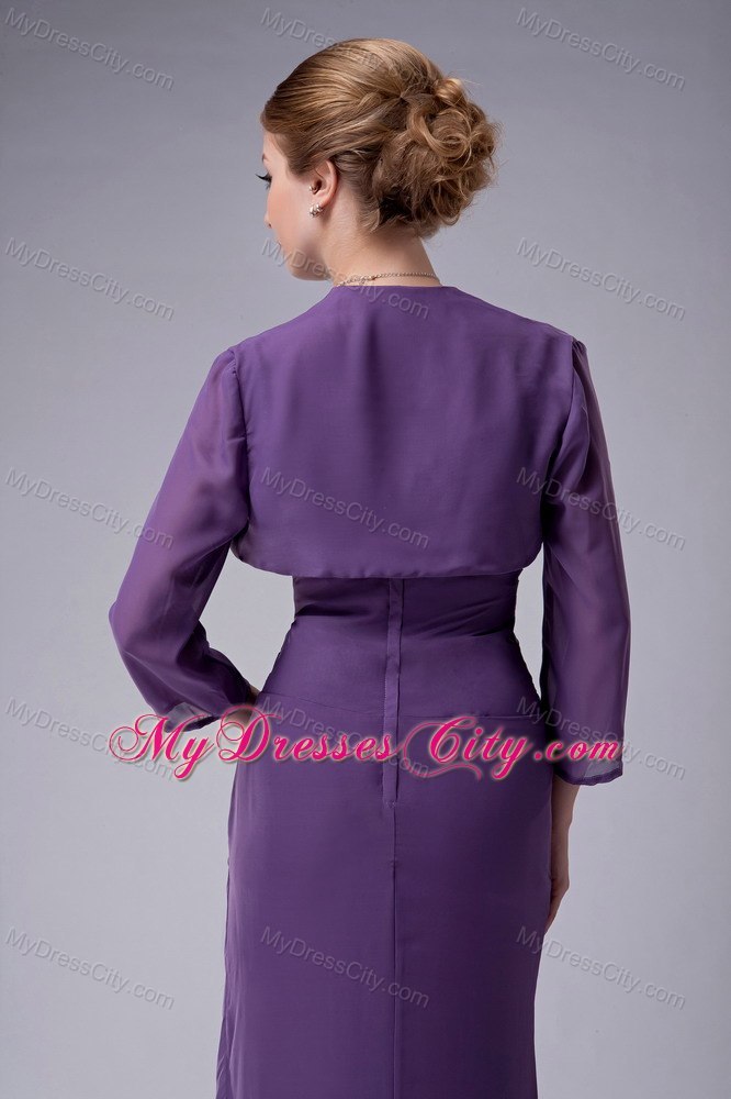 Purple Straps Floor-length Chiffon Ruched and Beaded Mothers Dresses with Jacket