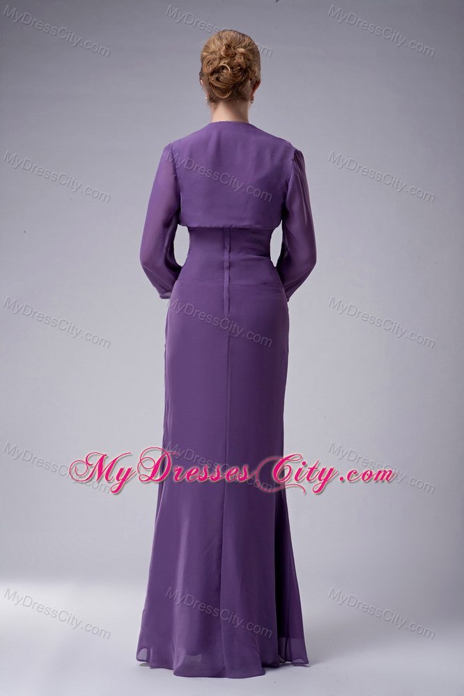 Purple Straps Floor-length Chiffon Ruched and Beaded Mothers Dresses with Jacket