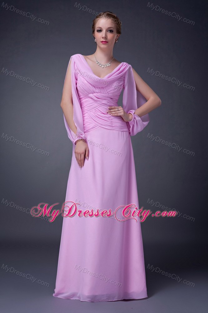 Pink Empire Floor-length V-neck Ruched Bodice Mother Of The Bride Dress with Long Sleeves