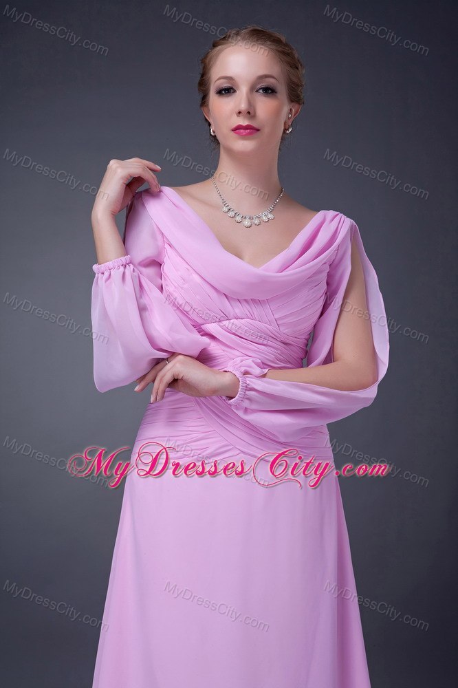 Pink Empire Floor-length V-neck Ruched Bodice Mother Of The Bride Dress with Long Sleeves