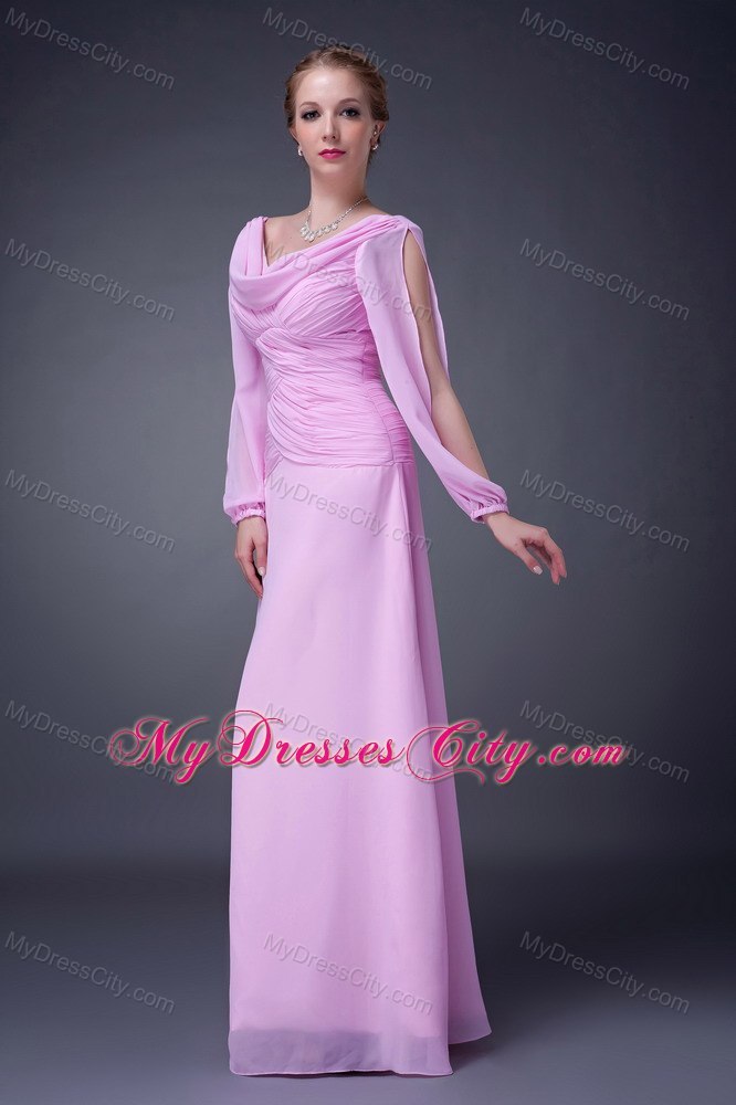 Pink Empire Floor-length V-neck Ruched Bodice Mother Of The Bride Dress with Long Sleeves