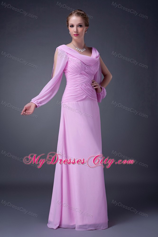 Pink Empire Floor-length V-neck Ruched Bodice Mother Of The Bride Dress with Long Sleeves