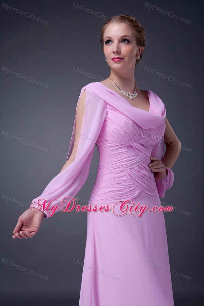 Pink Empire Floor-length V-neck Ruched Bodice Mother Of The Bride Dress with Long Sleeves