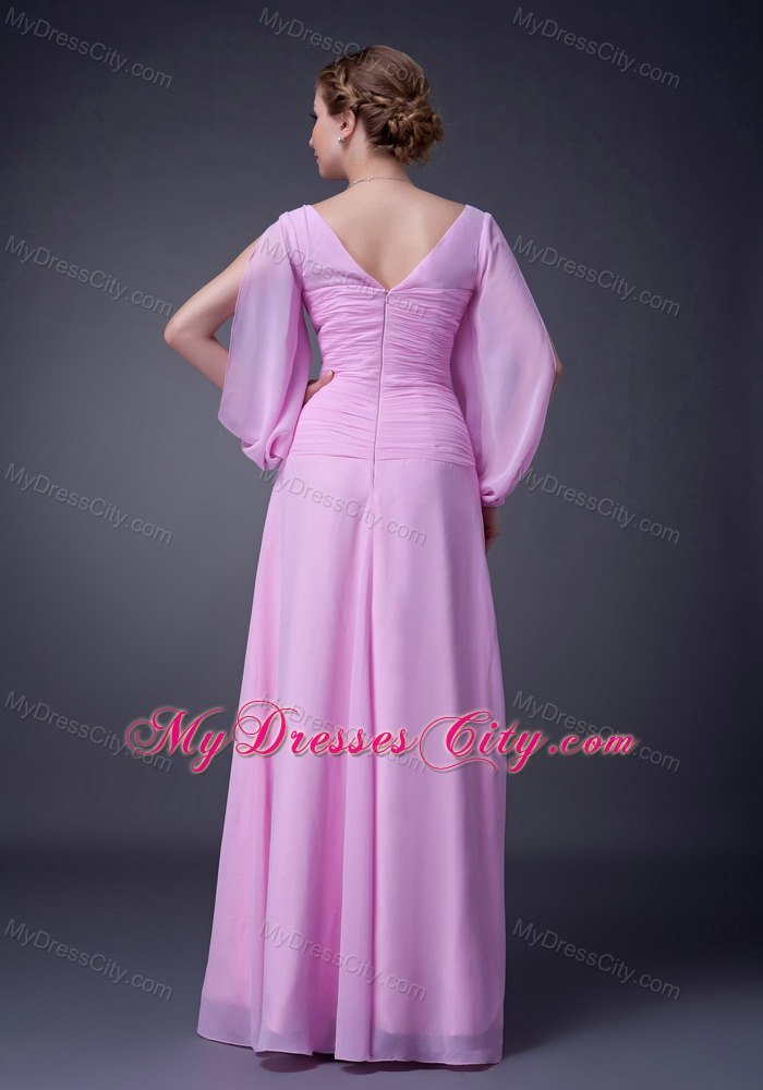 Pink Empire Floor Length V Neck Ruched Bodice Mother Of The Bride Dress With Long Sleeves 4366