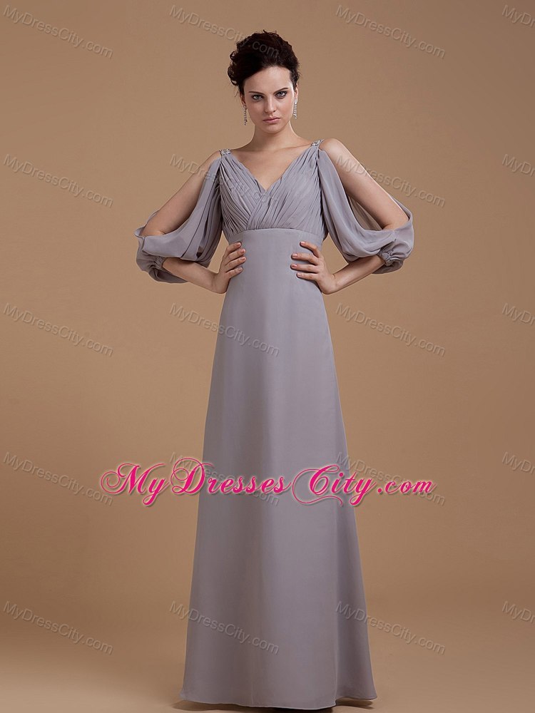 Floor-length Grey Wedding Outfits For Brides Mother with V-neck and 3 4 Length Sleeves