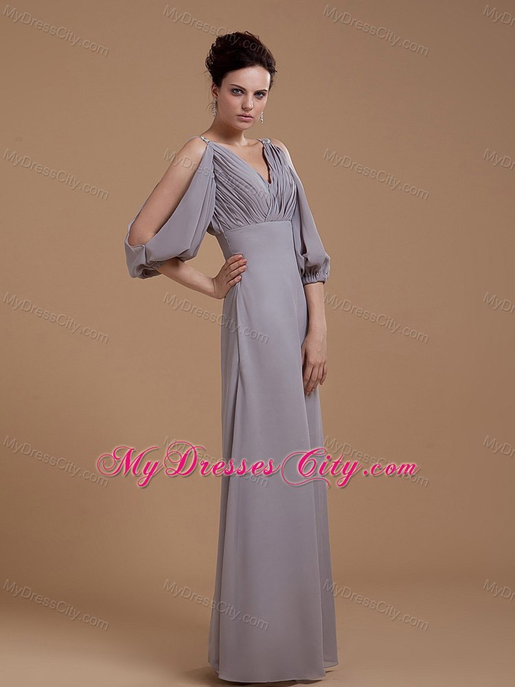 Floor-length Grey Wedding Outfits For Brides Mother with V-neck and 3 4 Length Sleeves