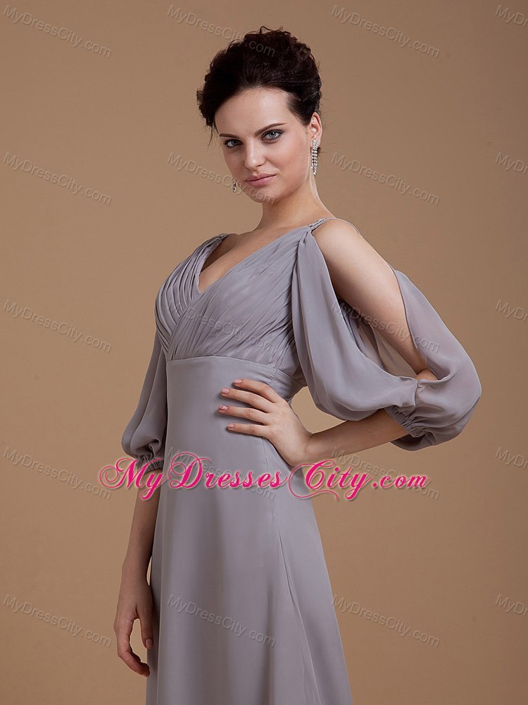 Floor-length Grey Wedding Outfits For Brides Mother with V-neck and 3 4 Length Sleeves