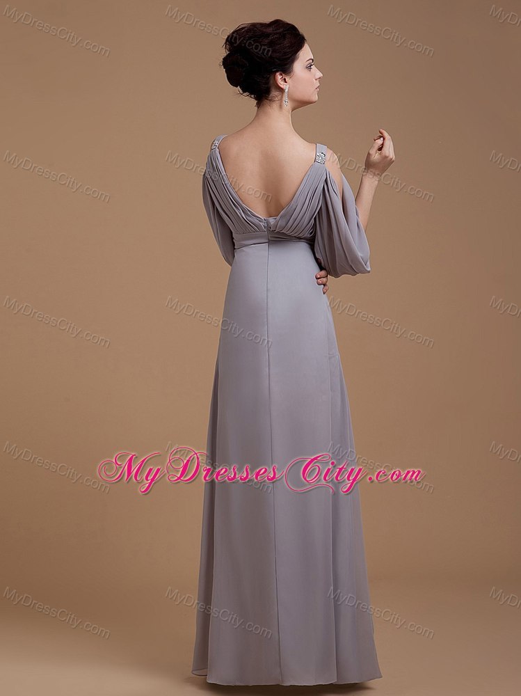 Floor-length Grey Wedding Outfits For Brides Mother with V-neck and 3 4 Length Sleeves