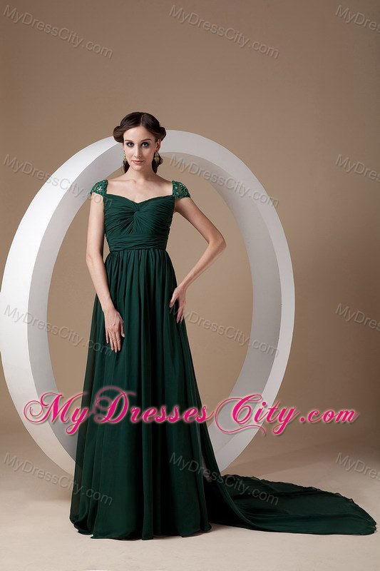 Dark Green Cap Sleeves Court Train Ruching Chiffon Mothers Dresses with Beading